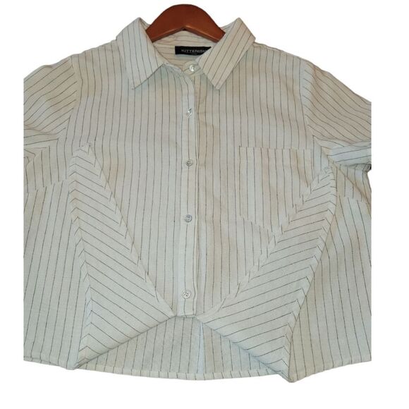 NWOT KITTENISH Short Sleeve Striped Cotton Hemp Tie Front Button Down Up Top L - Picture 4 of 14